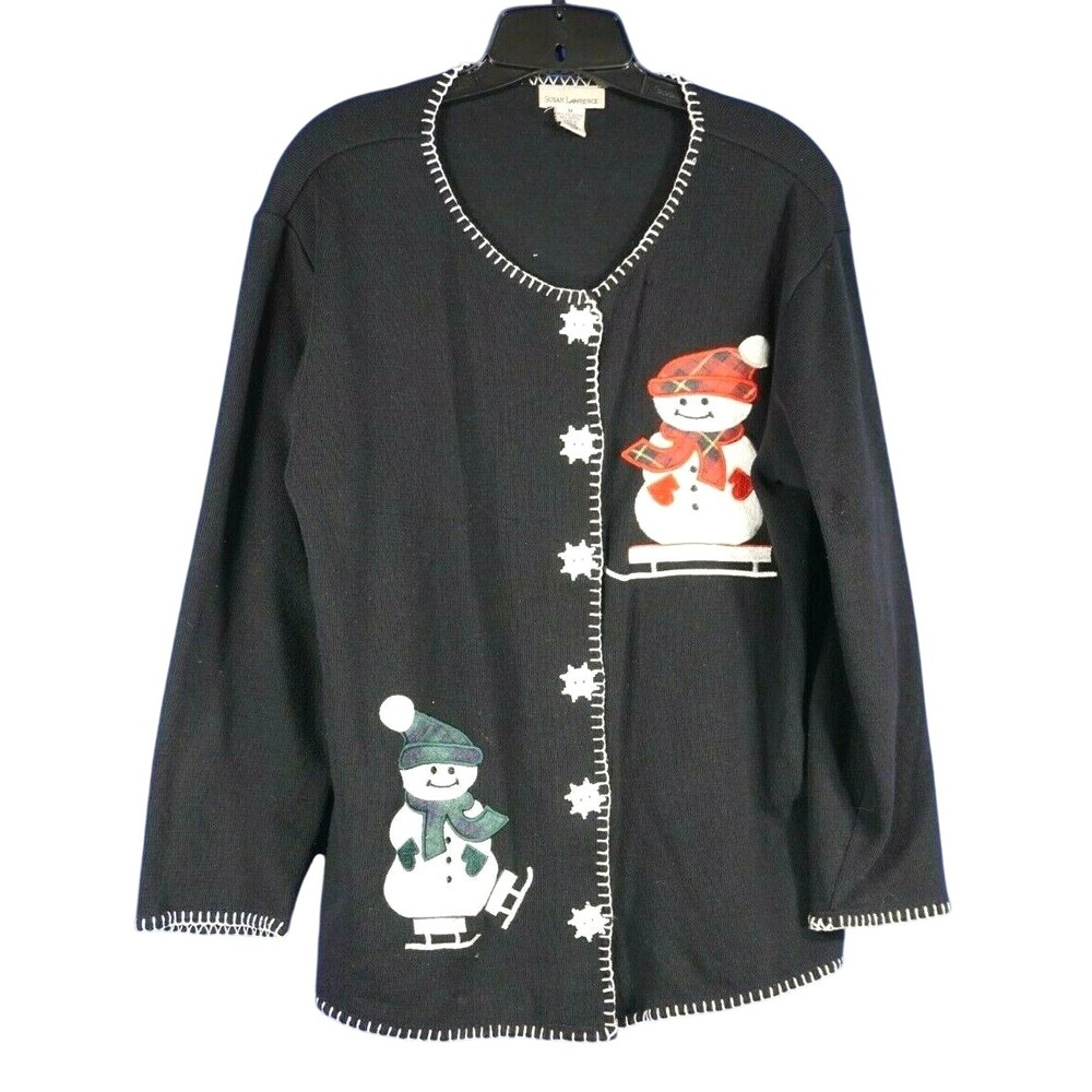 SUSAN LAWRENCE Sweater Cardigan BLACK Christmas SNOWMAN ON SKI & SKATES sz M